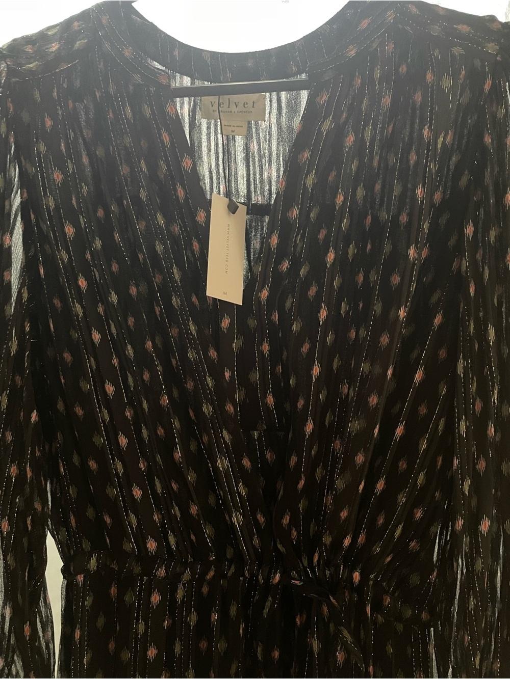 Velvet Black Metallic Ikat Tie-Waist Dress with Rust Accents